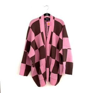 Dressed in LALA Oversized Checkerboard Cardigan Pink and Brown NWT size Medium